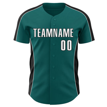 Custom Teal White-Black Classic Color Block Side Panel Stripe Authentic Baseball Jersey
