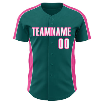 Custom Teal White-Pink Classic Color Block Side Panel Stripe Authentic Baseball Jersey