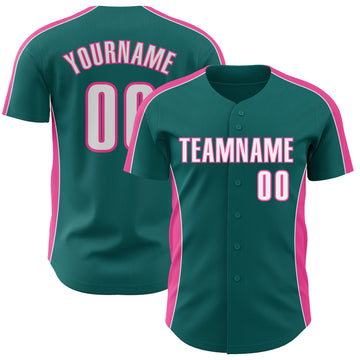 Custom Teal White-Pink Classic Color Block Side Panel Stripe Authentic Baseball Jersey