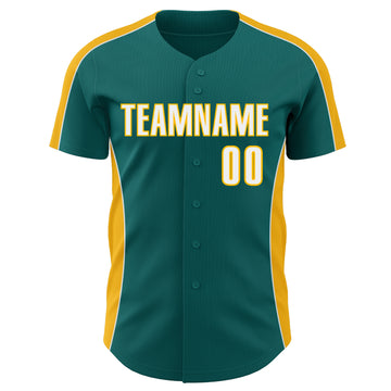 Custom Teal White-Gold Classic Color Block Side Panel Stripe Authentic Baseball Jersey