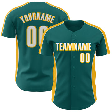 Custom Teal White-Gold Classic Color Block Side Panel Stripe Authentic Baseball Jersey