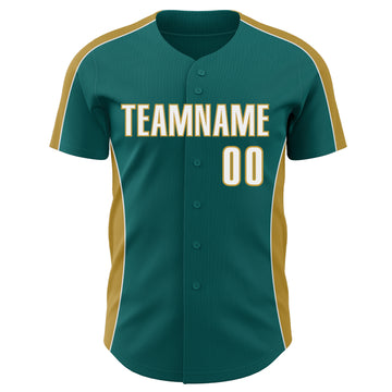 Custom Teal White-Old Gold Classic Color Block Side Panel Stripe Authentic Baseball Jersey