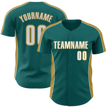 Custom Teal White-Old Gold Classic Color Block Side Panel Stripe Authentic Baseball Jersey