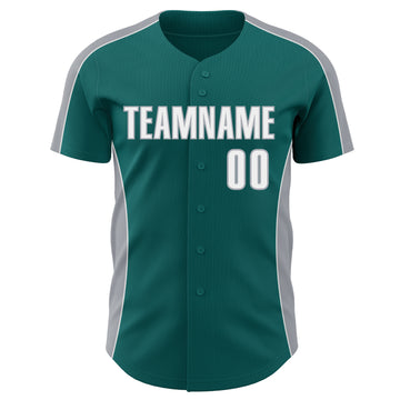 Custom Teal White-Gray Classic Color Block Side Panel Stripe Authentic Baseball Jersey