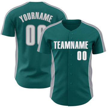 Custom Teal White-Gray Classic Color Block Side Panel Stripe Authentic Baseball Jersey