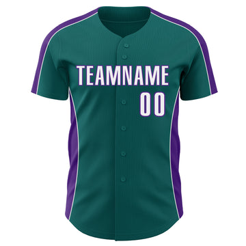 Custom Teal White-Purple Classic Color Block Side Panel Stripe Authentic Baseball Jersey
