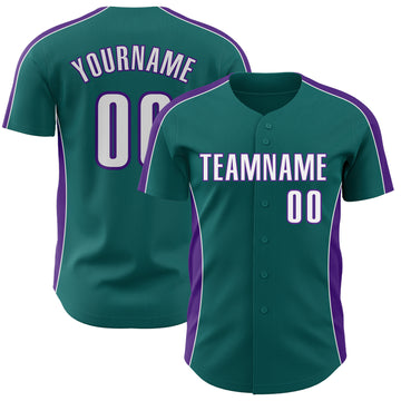 Custom Teal White-Purple Classic Color Block Side Panel Stripe Authentic Baseball Jersey