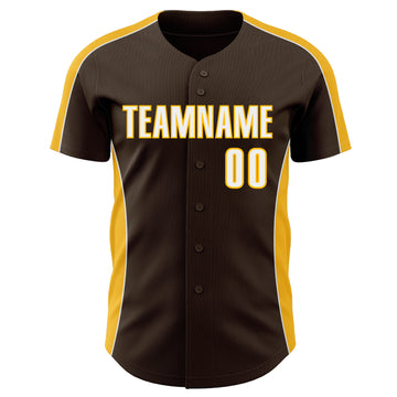 Custom Brown White-Gold Classic Color Block Side Panel Stripe Authentic Baseball Jersey