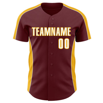 Custom Burgundy White-Gold Classic Color Block Side Panel Stripe Authentic Baseball Jersey