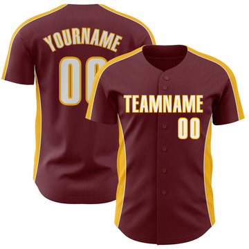 Custom Burgundy White-Gold Classic Color Block Side Panel Stripe Authentic Baseball Jersey
