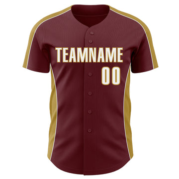 Custom Burgundy White-Old Gold Classic Color Block Side Panel Stripe Authentic Baseball Jersey