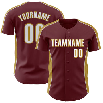 Custom Burgundy White-Old Gold Classic Color Block Side Panel Stripe Authentic Baseball Jersey