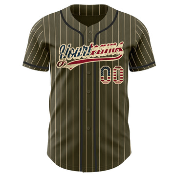 Custom Olive City Cream Pinstripe Vintage USA Flag-Black Authentic Baseball Jersey