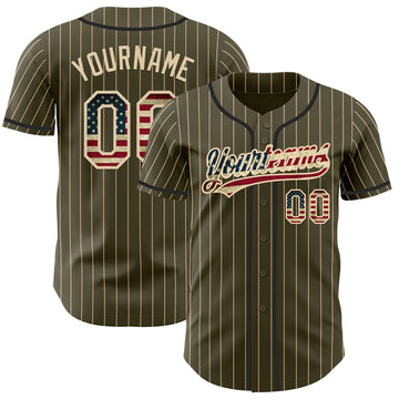 Custom Olive City Cream Pinstripe Vintage USA Flag-Black Authentic Baseball Jersey