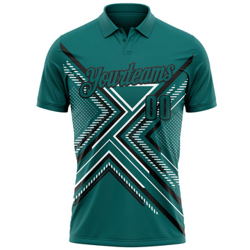 Custom Teal Black-White 3D Pattern Design Geometric Shapes Performance Polo Shirt