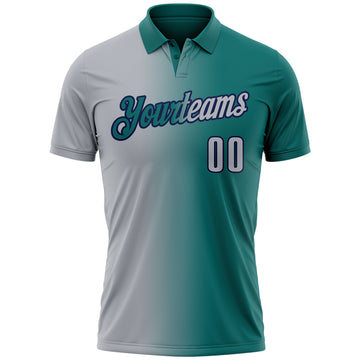 Custom Teal Gray-Navy 3D Gradient Fashion Performance Polo Shirt