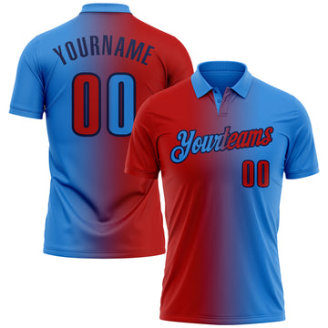 Custom Powder Blue Red-Navy 3D Gradient Fashion Performance Polo Shirt