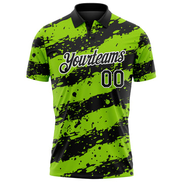 Custom Black Neon Green-White Paint Splash Stripe Performance Polo Shirt