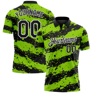 Custom Black Neon Green-White Paint Splash Stripe Performance Polo Shirt