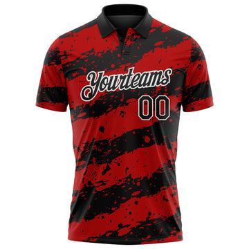 Custom Black Red-White Paint Splash Stripe Performance Polo Shirt