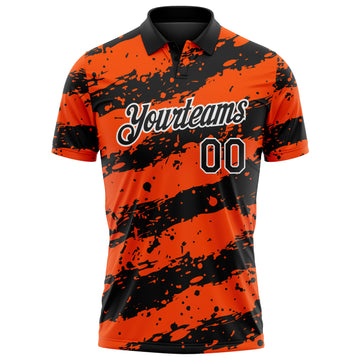 Custom Black Orange-White Paint Splash Stripe Performance Polo Shirt