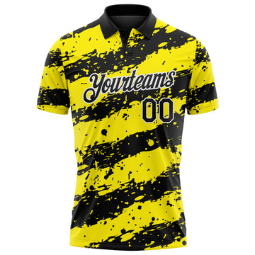 Custom Black Light Yellow-White Paint Splash Stripe Performance Polo Shirt