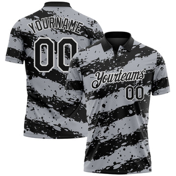 Custom Black Gray-White Paint Splash Stripe Performance Polo Shirt