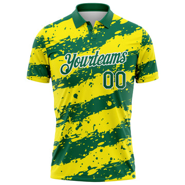 Custom Kelly Green Light Yellow-White Paint Splash Stripe Performance Polo Shirt