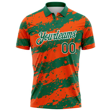 Custom Kelly Green Orange-White Paint Splash Stripe Performance Polo Shirt