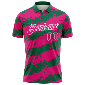 Custom Kelly Green Hot Pink-White Paint Splash Stripe Performance Polo Shirt