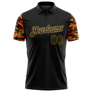 Custom Black Orange-Old Gold Digital Camo Two Tone Performance Polo Shirt