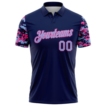 Custom Navy Light Blue-Pink Digital Camo Two Tone Performance Polo Shirt