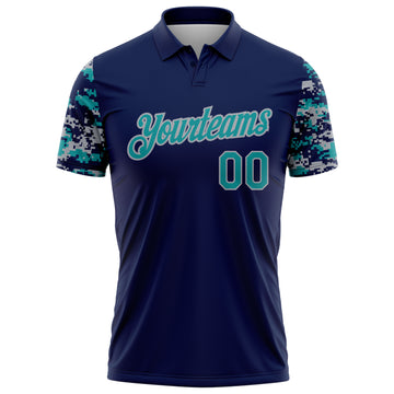 Custom Navy Teal-Gray Digital Camo Two Tone Performance Polo Shirt