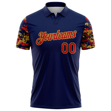 Custom Navy Red-Old Gold Digital Camo Two Tone Performance Polo Shirt