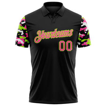 Custom Black Pink Neon Green-White Digital Camo Two Tone Performance Polo Shirt