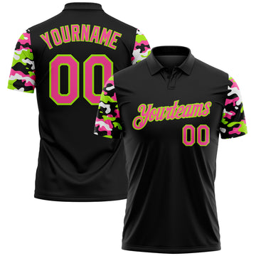 Custom Black Pink Neon Green-White Digital Camo Two Tone Performance Polo Shirt