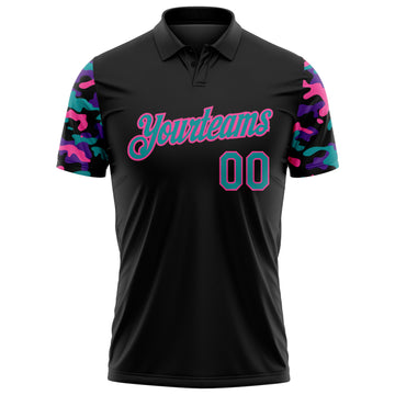 Custom Black Teal Purple-Pink Digital Camo Two Tone Performance Polo Shirt