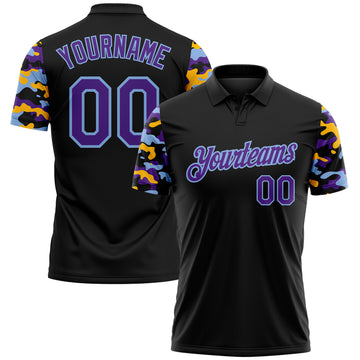 Custom Black Purple Light Blue-Gold Digital Camo Two Tone Performance Polo Shirt