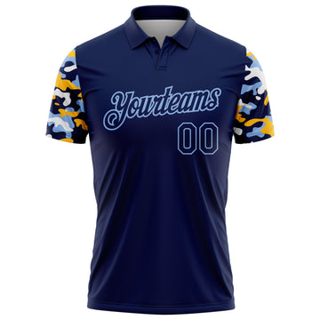 Custom Navy Light Blue Gold-White Digital Camo Two Tone Performance Polo Shirt