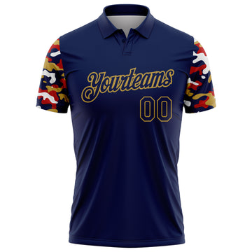 Custom Navy Red Old Gold-White Digital Camo Two Tone Performance Polo Shirt