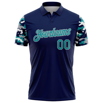 Custom Navy Teal Gray-White Digital Camo Two Tone Performance Polo Shirt