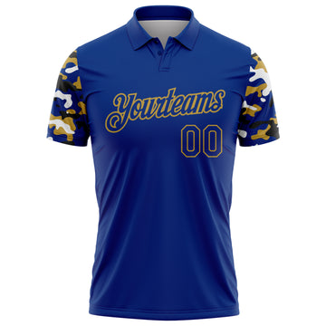 Custom Royal Old Gold Black-White Digital Camo Two Tone Performance Polo Shirt