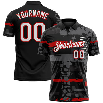 Custom Black White-Red Abstract Geometric Mashup Grunge Performance Polo Shirt