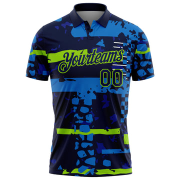 Custom Navy-Neon Green Abstract Geometric Grunge Fragment Performance Polo Shirt
