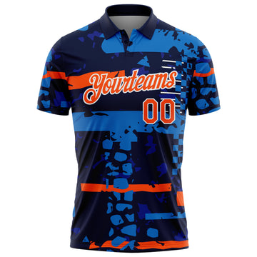 Custom Navy Orange-White Abstract Geometric Grunge Fragment Performance Polo Shirt