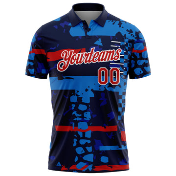 Custom Navy Red-White Abstract Geometric Grunge Fragment Performance Polo Shirt