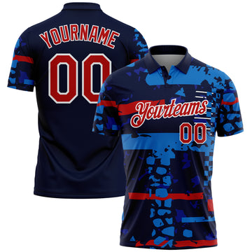 Custom Navy Red-White Abstract Geometric Grunge Fragment Performance Polo Shirt