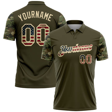 Custom Olive Vintage USA Flag-Cream Camo Two Tone Patriotic Performance Polo Shirt