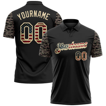 Custom Black Vintage USA Flag-Cream Camo Two Tone Patriotic Performance Polo Shirt