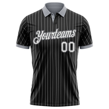 Custom Black White Pinstripe-Gray Performance Polo Shirt